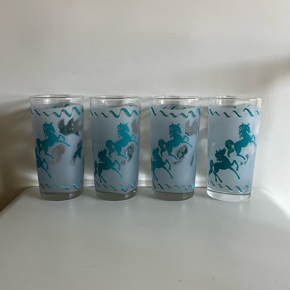 Vintage MCM Libbey Frosted Blue Prancing Unicorn Glasses Glassware Set of 4